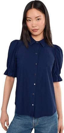 Liverpool L.A. Elbow Puff Sleeve Snap Front Knit Shirt Womens Clothing Navy Ink : XL, Nylon