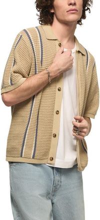 Lucky Brand Stripe Short Sleeve Cotton Button-Up Sweater in Tidal Foam at Nordstrom, Size Xx-Large