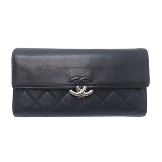 Chanel Navy Leather Long Wallet (Bi-Fold) (Pre-Owned)