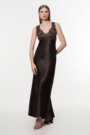 Karen Millen Womens Satin Guipure Lace Woven Maxi Slip Dress - Chocolate - Size 10 UK