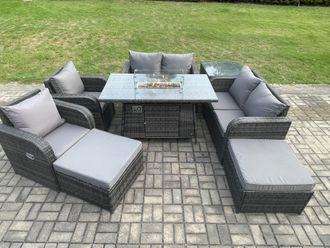 Fimous 8 Seater Rattan Garden Furniture Set Outdoor Propane Gas Fire Pit Table & Sofa Chair set with Side Table 2 Big Footstool in Dark Grey