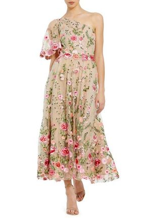 Mac Duggal One Shoulder Floral Lace Embroidered Dress in Pink Multi at Nordstrom, Size 4