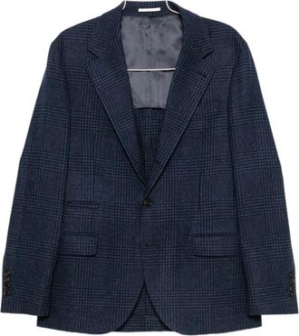 Brunello Cucinelli Blazer met ruitpatroon- enkele rij knopen - Heren - Jassen - Blauw - Maat: 2XL Wol