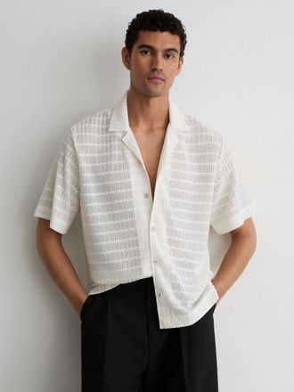 Reiss Off White Chevron-crochet Cuban-collar Shirt, Xxl