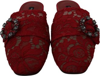 Dolce & Gabbana Red Lace Crystal Slide On Flats Womens Shoes
