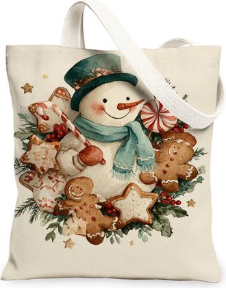 Generic Snow Man Canvas Tote Bags, Cute Winter Holiday Pattern Reusable Grocery Bags, Cozy Festive Lightweight Washable Shoulder Strap Canvas for Shopping Out