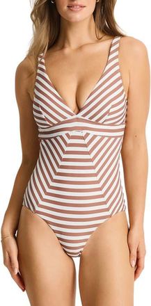 Sea Level Australia Striped Scoop Back One-Piece Swimsuit in Tan at Nordstrom, Size 10