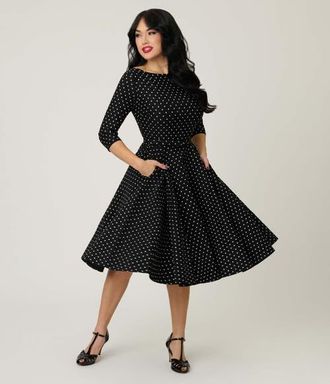 Unique Vintage Three Quarter Sleeve Belted Devon Swing Dress in Black & White Polka Dot at Nordstrom, Size X-Large
