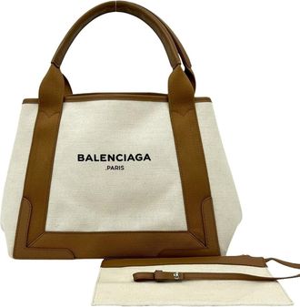 Balenciaga Brown Ivory Canvas Leather Handbag Tote Bag (Pre-Owned)