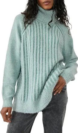 Free People Big City Ribbed Pullover Turtleneck Sweater In Green