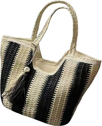Generic Womens Woven Shoulder Bag, Stylish Beach Bag, Hobo Tote Bag, Comfortable Double Handles, Lightweight Natural Texture, Applies to Beach Vacations (Blac