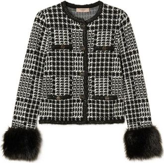 Twin-Set Houndstooth Pattern Jacket With Faux Fur Accents