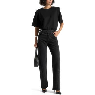 Mani&egrave;re De Voir Loane Twist Leg Boyfriend Jeans With Waist Adjuster in Washed Black at Nordstrom, Size 12
