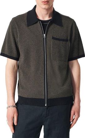 Rag & Bone Zuma Jacquard Stripe Short Sleeve Knit Zip-Up Shirt in Black at Nordstrom, Size X-Large