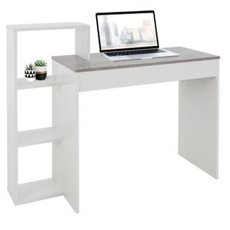 ML Design Ml-design Escritorio Con Estantes Mesa De Trabajo Para Oficina, Mesita De Ordenador Pc Blanco Con Tablero De Aspecto Cemento, 3 Baldas, 110x72x40 Cm, 