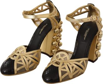Dolce & Gabbana Black Gold Leather Studded Ankle Straps Womens Shoes