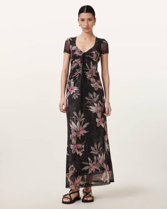 AllSaints Polyester Gabby Floral Print Mesh Maxi Dress, Size: UK 14/US 10