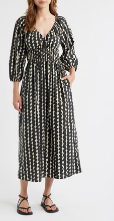 Rails Paio Abstract Print Long Sleeve Cotton Midi Dress in Painted Noir at Nordstrom, Size Xx-Small