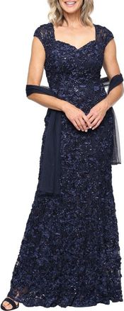 Alex Evenings Soutache Mermaid Gown with Shawl in Navy at Nordstrom, Size 12P