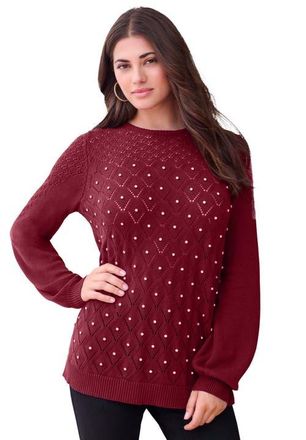 Roaman's Rhinestone Pointelle Knit Sweater in Rich Burgundy at Nordstrom, Size 36