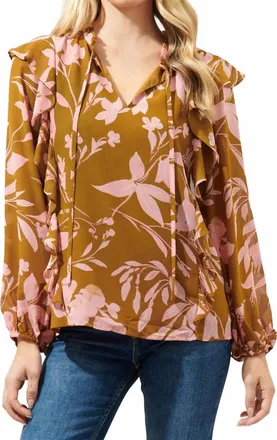 Sugarlips Floral Chessie Balloon Sleeve Ruffle Blouse In Brown & Pink