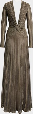 Ralph Lauren Collection Plunging Twisted Metallic Pleated Knit Maxi Dress
