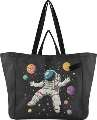 Generic Astronaut Planets Stars Black print Reusable Canvas Tote Bag, Heavy Duty Grocery Shopping Bag with Hard Bottom Large Capacity Double Handles Work Groc