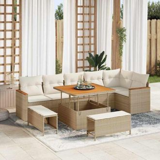 vidaXL Conjunto De Sof&aacute; De Jard&iacute;n Con Coj&iacute;n 9 Pcs Beige Polirat&aacute;n Vidaxl