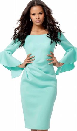 Jovani Scuba Bell Sleeve Knee Length Dress In Aqua