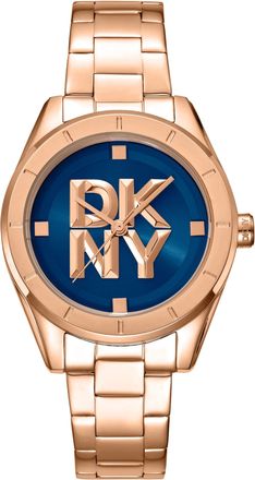 DKNY Women Watch, Rose Gold Color Case, Dark Blue Dial, Rose Gold Color Metal Bracelet, 3 Hands, 5 ATM