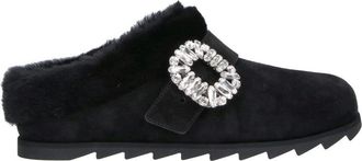 Roger Vivier Black Slidy Viv Shearling Lined Suede Mules