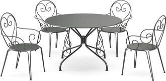 Vente-Unique Conjunto de mesa y sillas de jard&iacute;n de metal: Una mesa de D.120 cm y 4 sillas apilables - Antracita - GUERMANTES de MYLIA