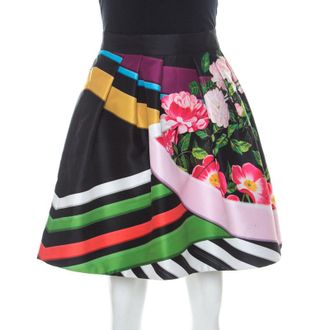 Mary Katrantzou Black Floral & Stripe Print Short Algernon Skirt