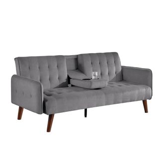 Concept Usine Sof&aacute; cama de 3 plazas de terciopelo con bandeja central abatible gris