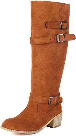 Generic Womens Pull on Western Cowboy Boot with Buckle Block Heel Knee High Boots Round Toe Faux Suede Long Boots,Brown,2.5 UK