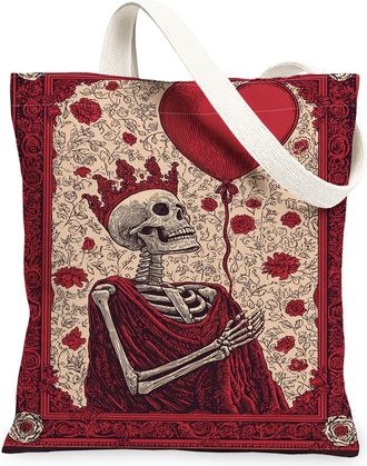 Generic Vintage Gothic Skeleton Canvas Tote Bags, Floral Skull Reusable Grocery Bags, Lightweight Washable Tote for Halloween, Outd, Red, 13x15 Inch