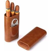 OEM Humidor De Tres Dedos De Cuero Marr&oacute;n Con Cortador De Acero Inoxidable Plateado - Crezuo