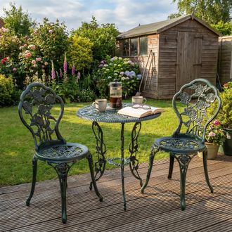 Home Source Industries Bistro Set Outdoor Patio Garden Round Table & 2 Chairs Metal Frame in Bottle Green
