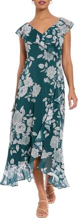 London Times Ruffle Trim High/Low Maxi Dress in Atlantic Deep/White Alyssum at Nordstrom Rack, Size 10P