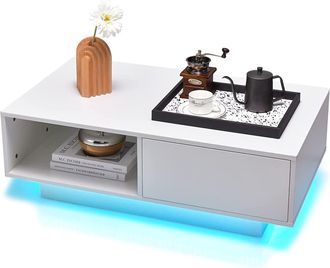 Costway Mesa De Centro Con 20 Colores De Luces Led, Mesa Moderna Rectangular Con Control Remoto, Mesa Inteligente De C&oacute;ctel Con Caj&oacute;n Y Estante Abierto - Cost