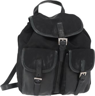 Prada Vela Double Front Pocket Backpack Tessuto With Saffiano Leather Black Nylon Backpack Bag (Pre-Owned)