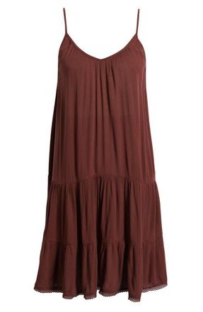 Nordstrom Tiered Crinkle Cover-Up Dress in Brown Raisin at Nordstrom, Size X-Large