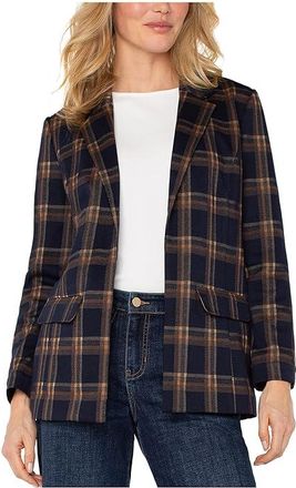 Liverpool L.A. Oversized Plaid Knit Boyfriend Blazer Womens Jacket Navy/Toffee Plaid : XL, Polyester/Rayon/Spandex