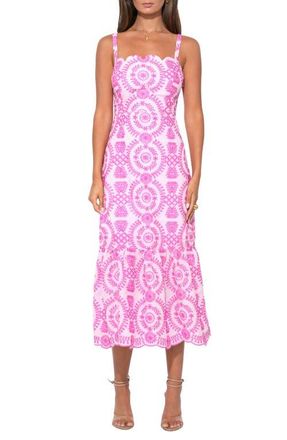 Adelyn Rae Raelynn Lace-Up Embroidered Midi Dress in Lilac/Magenta at Nordstrom, Size Large
