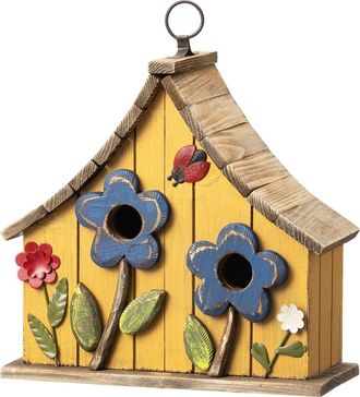 Glitzhome Distressed Solid Wood Birdhouse with 3D Flowers in Yellow at Nordstrom, Size Medium