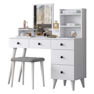 Dmora Toalet Lusia, Tocador Con Espejo Incluido, 4 Cajones, Con Patas, 125x40x94h Cm Blanco