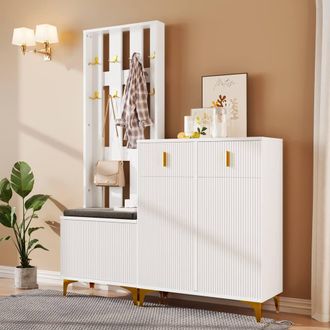 Merax Hallway Storage Set with Shoe Bench & Cabinet in White