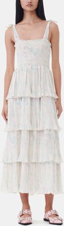 Ganni Floral Printed Pleated Georgette Strap Smock Midi Dress - Size 40 Beige
