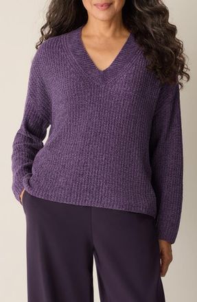 Eileen Fisher V-Neck Stretch Cotton Sweater in Mulled Grape at Nordstrom, Size Xx-Small