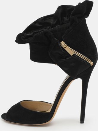 Jimmy Choo London Black Suede And Satin Ruffle Ankle Strap Sandals